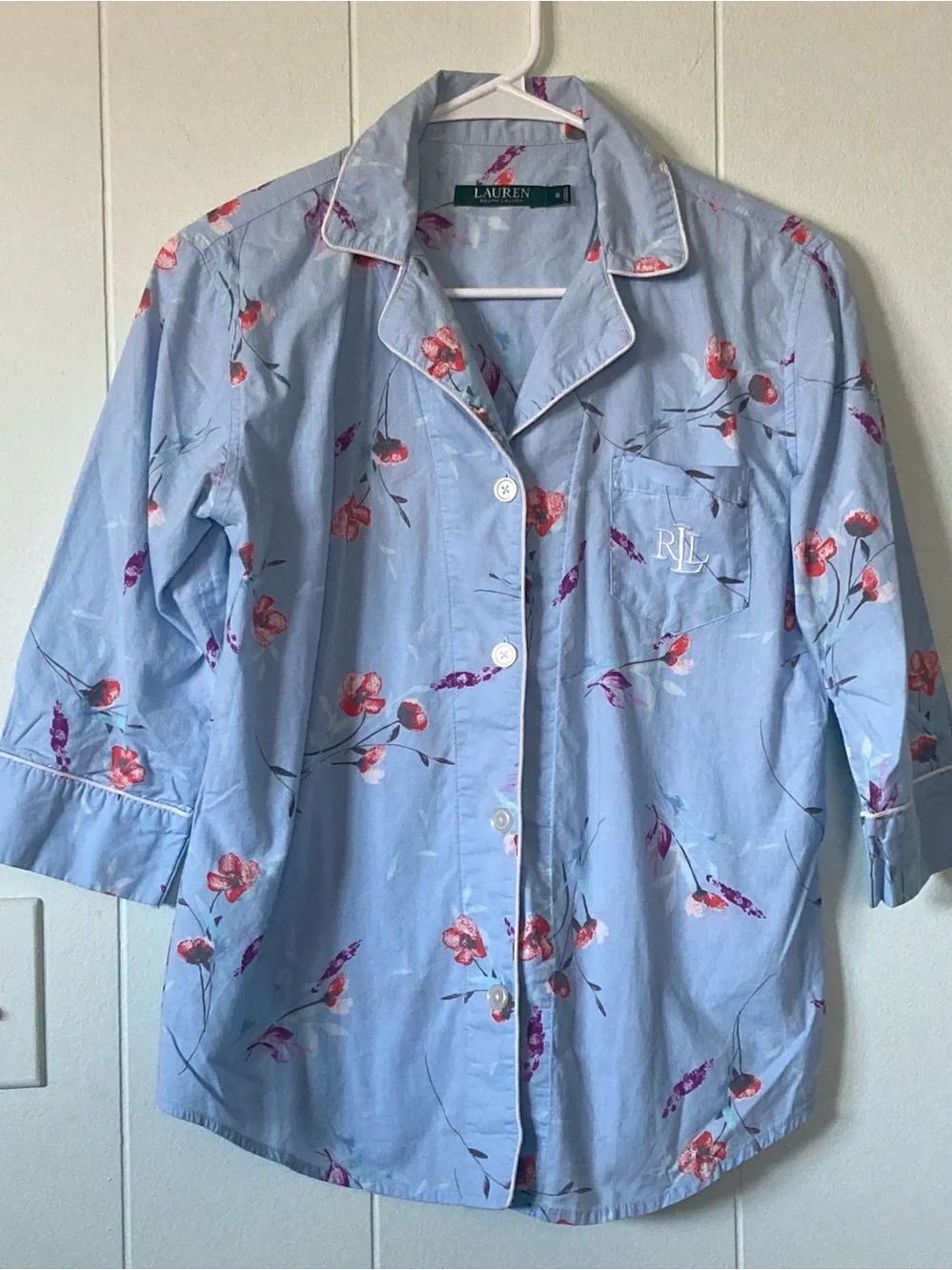 Ralph Lauren SZ S Light Blue Floral Pajamas with Pink & Red Blossoms 100% Cotton